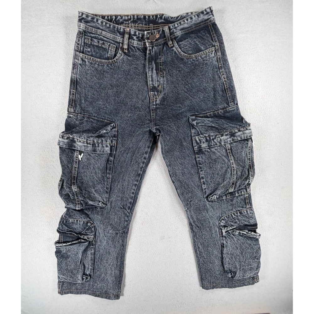 Craftmen Authentic Vintage Cargo Jeans Mens 34 Acid Wash Black Multi Pocket Y2K